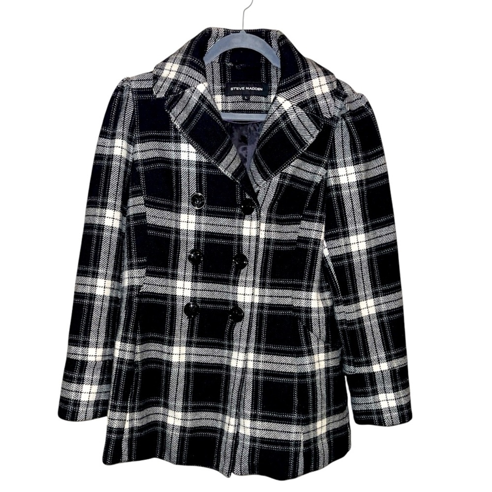 Steve Madden large pea coat double breasted academia black white plaid preppy
